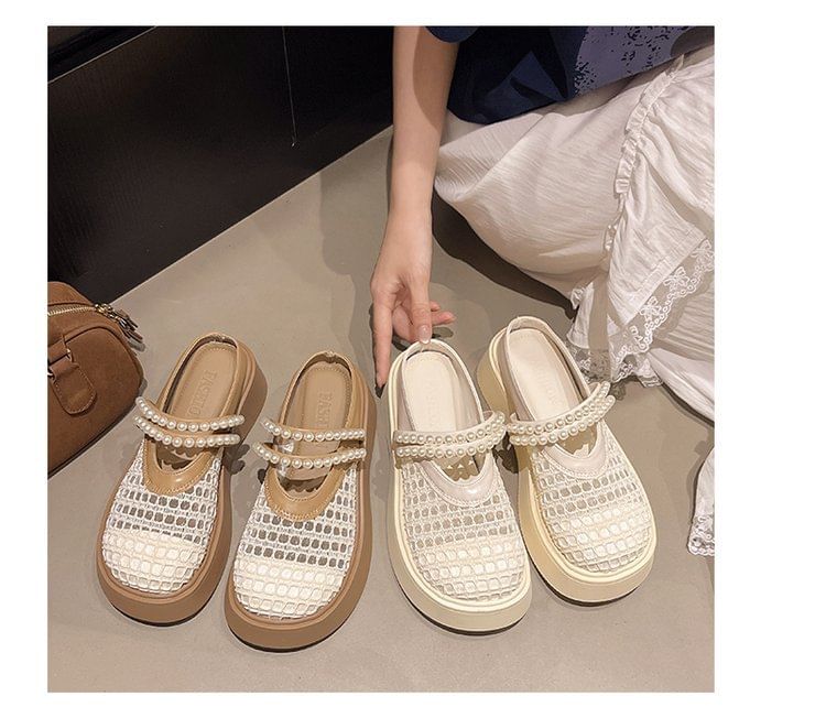Pearl Detail Faux Mesh Platform Mules