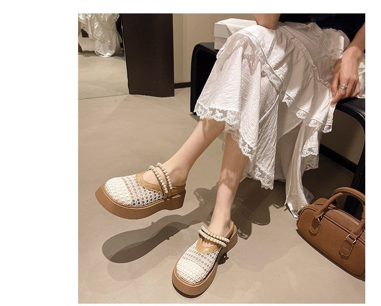 Pearl Detail Faux Mesh Platform Mules