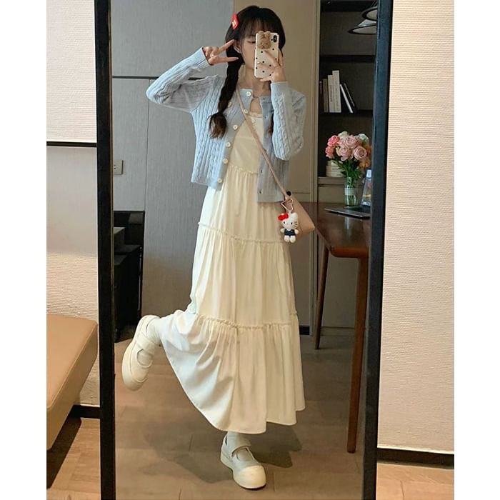 Spaghetti Strap Plain Midi A-Line Tiered Dress