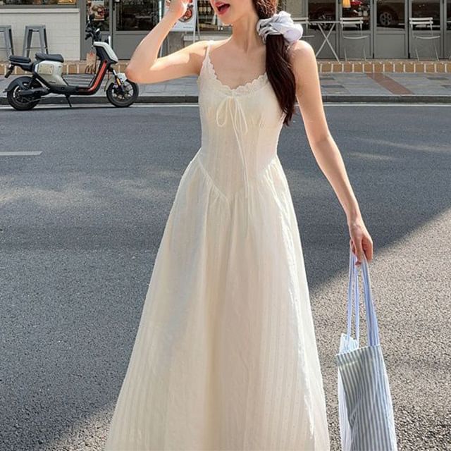 Spaghetti Strap Plain Midi A-Line Tiered Dress