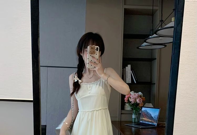 Spaghetti Strap Plain Midi A-Line Tiered Dress