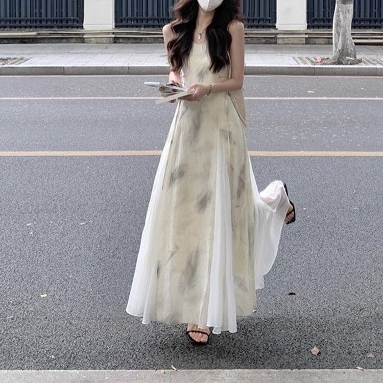 Spaghetti Strap Tie-Dyed Paneled Midi A-Line Dress