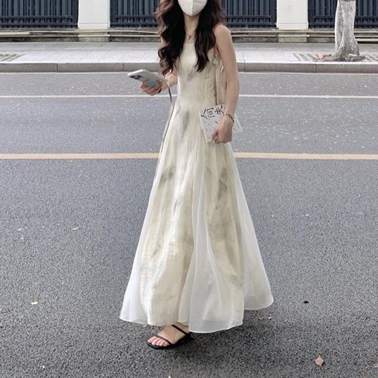 Spaghetti Strap Tie-Dyed Paneled Midi A-Line Dress