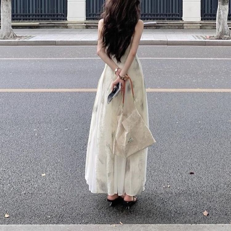 Spaghetti Strap Tie-Dyed Paneled Midi A-Line Dress