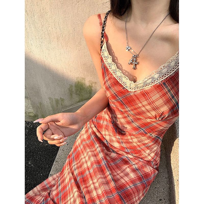 Spaghetti Strap V-Neck Plaid Lace Trim Midi A-Line Dress
