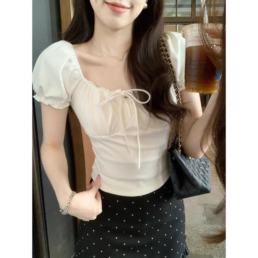 Lace-Trim Puff-Sleeved Square-Neck Tie-Front Slim Top