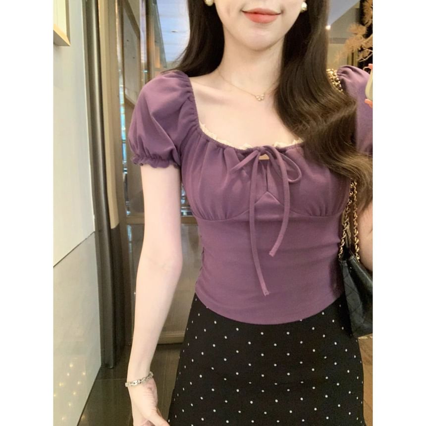 Lace-Trim Puff-Sleeved Square-Neck Tie-Front Slim Top