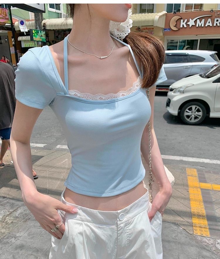 Lace-Trim Open-Back Square-Neck Short-Sleeved Slim Top