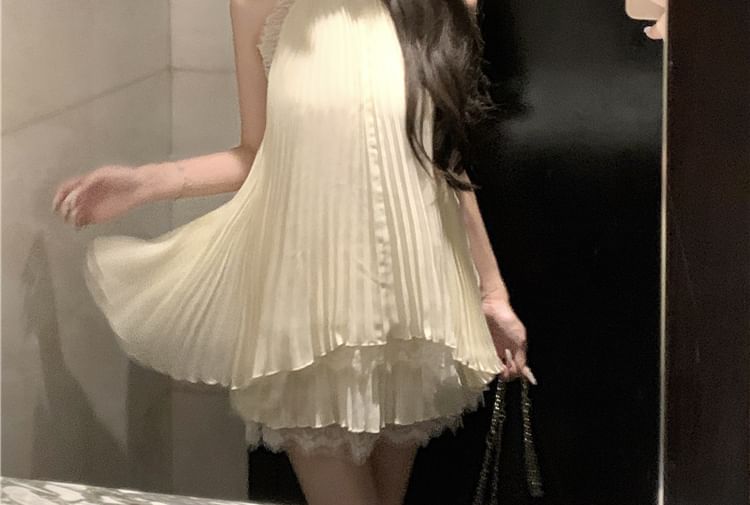 Accordion-Pleated Lace Tank & Flowy Mini A-Line Skirt Set