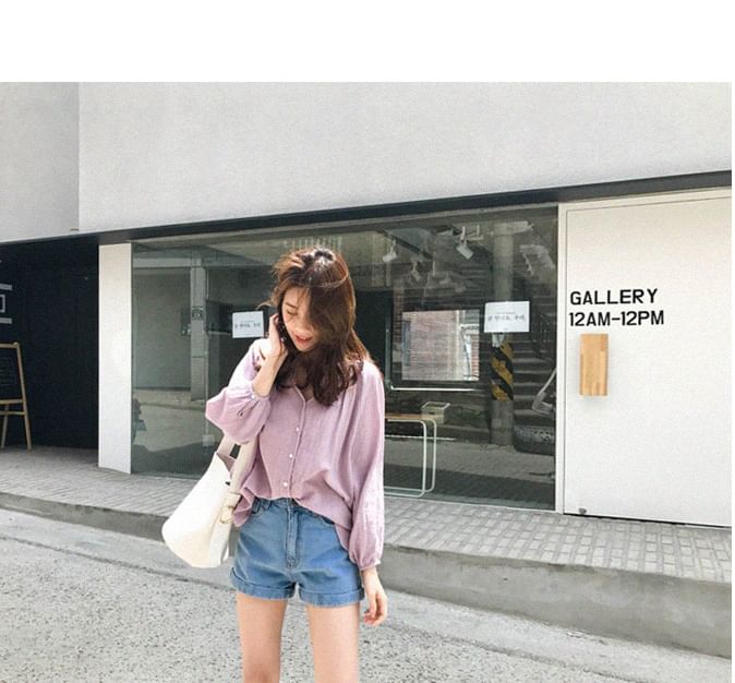 Button-Up Plain V-Neck Shirt
