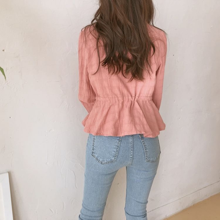 Plaid Lace-Trim Puff-Sleeved Button-Up Blouse