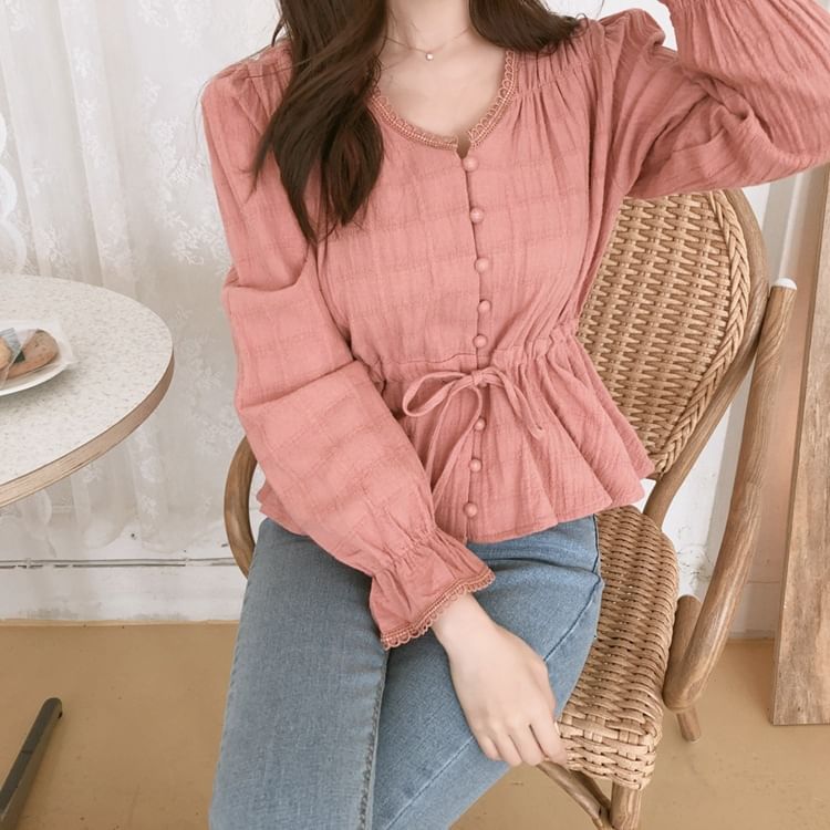 Plaid Lace-Trim Puff-Sleeved Button-Up Blouse