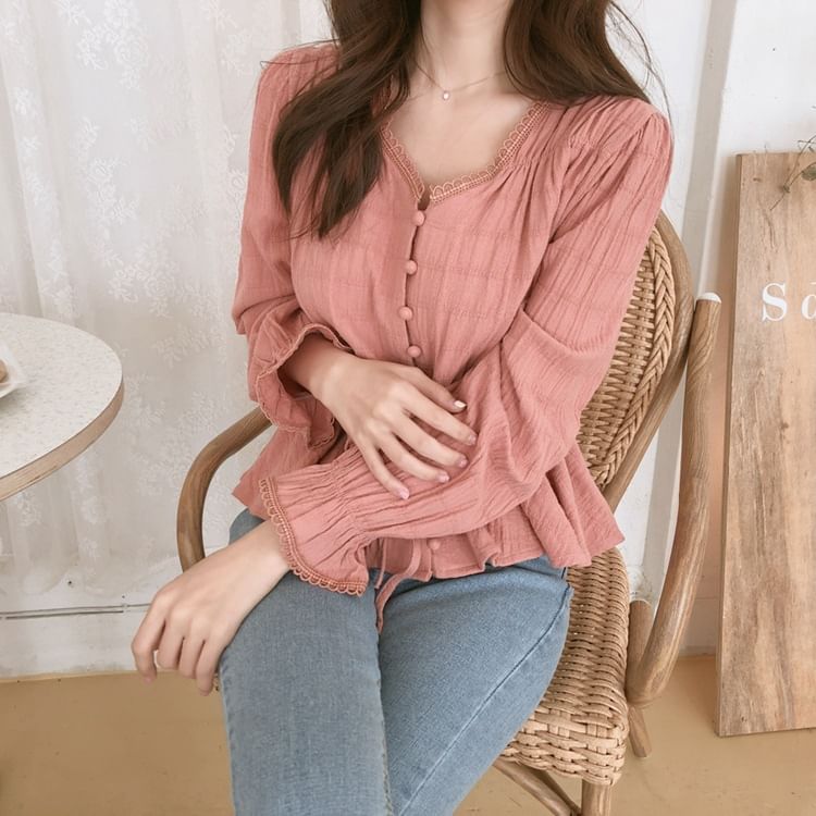 Plaid Lace-Trim Puff-Sleeved Button-Up Blouse