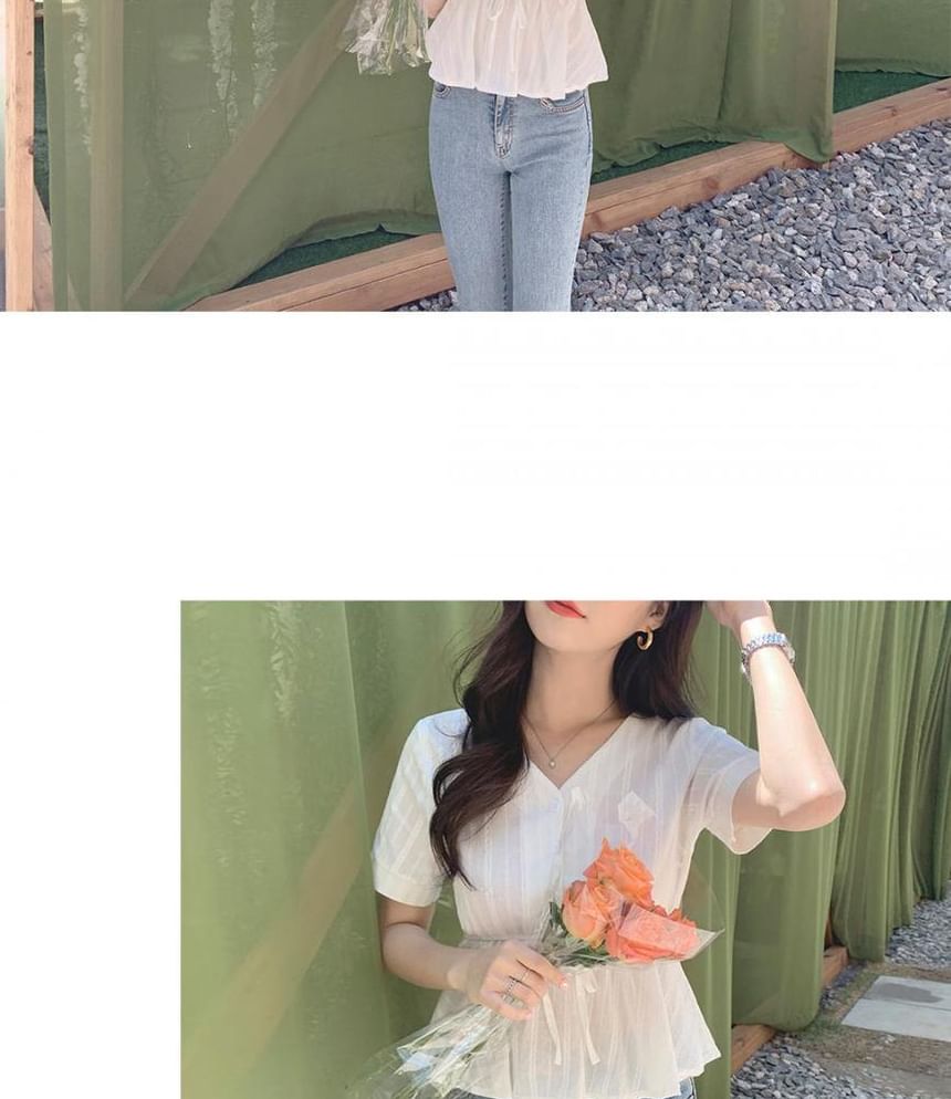 Drawstring Button-Up V-Neck Short-Sleeved Blouse