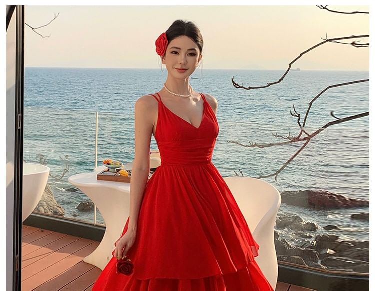 Spaghetti Strap Plain Tiered Maxi A-Line Dress
