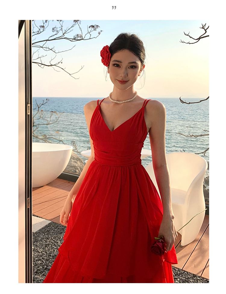 Spaghetti Strap Plain Tiered Maxi A-Line Dress