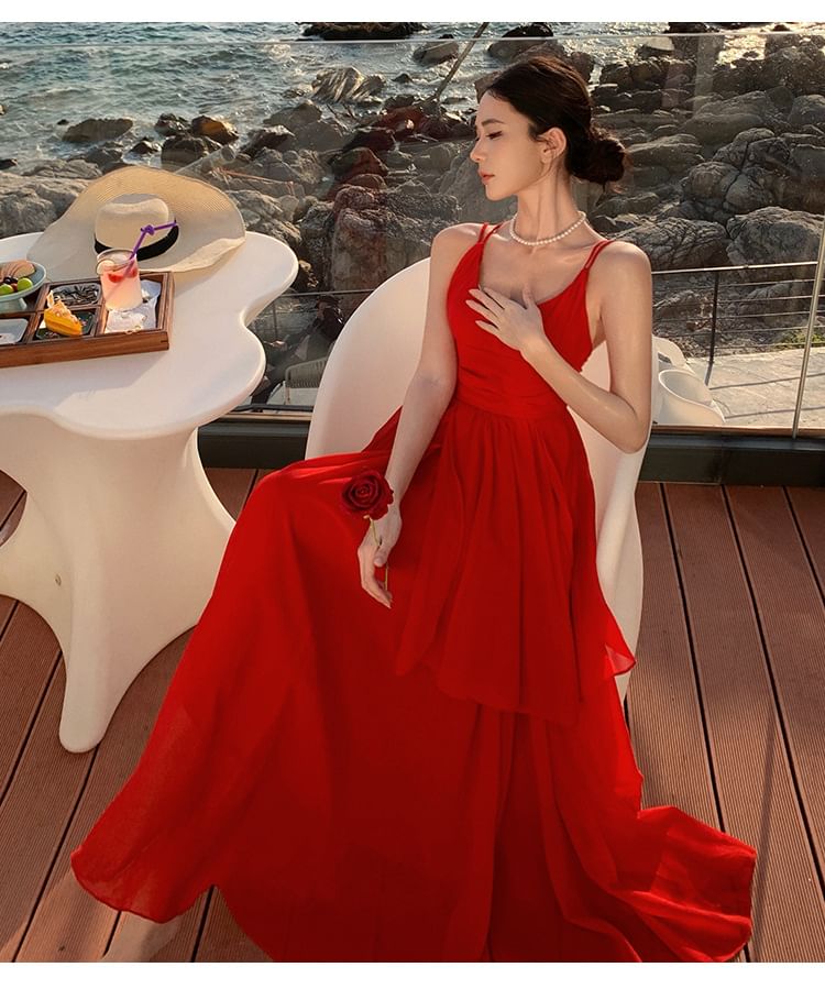 Spaghetti Strap Plain Tiered Maxi A-Line Dress