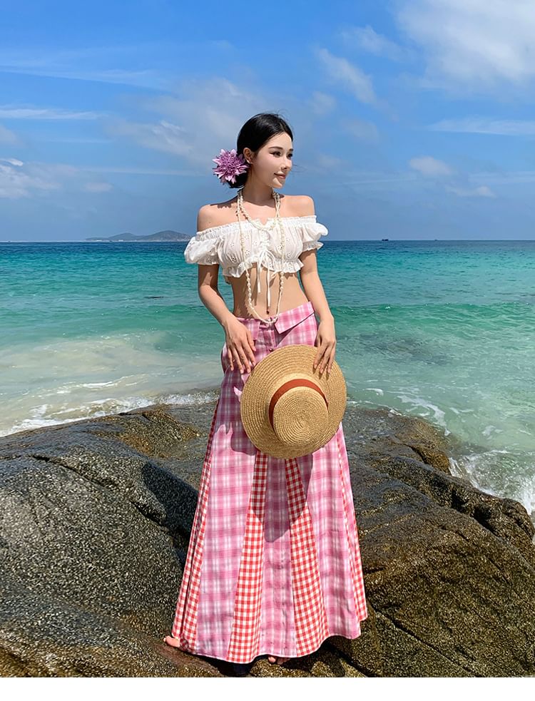 Puff-Sleeved Off-Shoulder Ruffle Crop Top & Plaid Mid-Waist Maxi Skirt Set