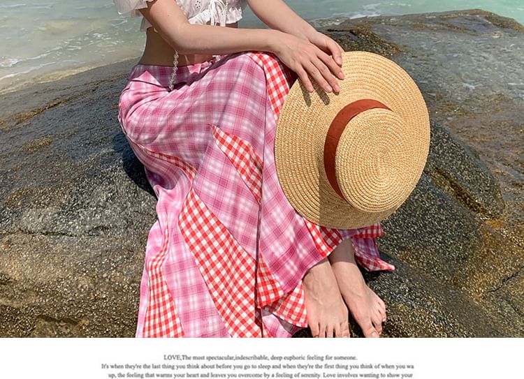 Puff-Sleeved Off-Shoulder Ruffle Crop Top & Plaid Mid-Waist Maxi Skirt Set