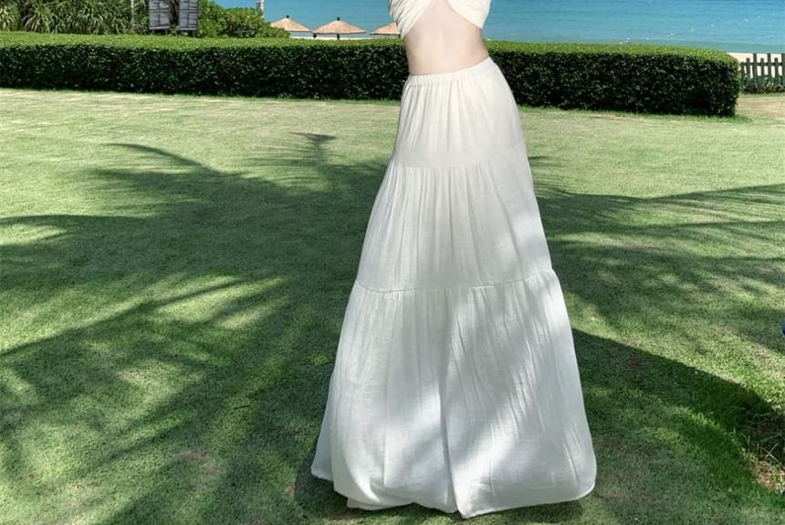 Plain Halter Crop Cami Top & Tiered High-Rise Maxi A-Line Skirt Set