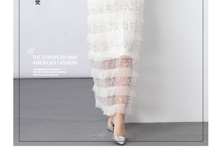 Tie Shoulder Plain Sequin Beaded Panel Maxi A-Line Dress