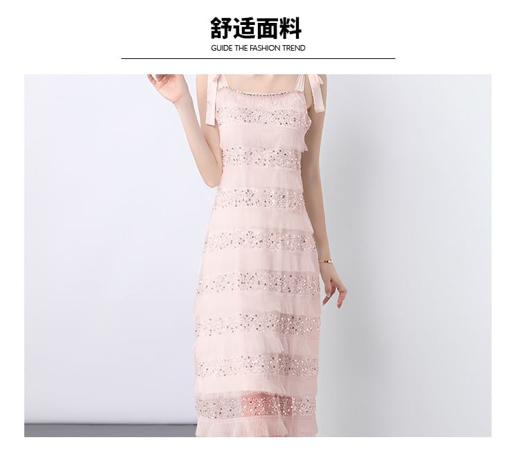 Tie Shoulder Plain Sequin Beaded Panel Maxi A-Line Dress