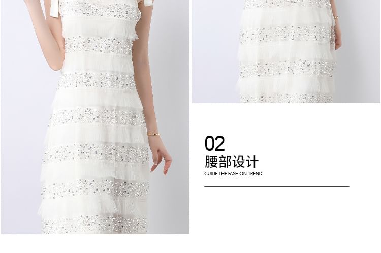 Tie Shoulder Plain Sequin Beaded Panel Maxi A-Line Dress