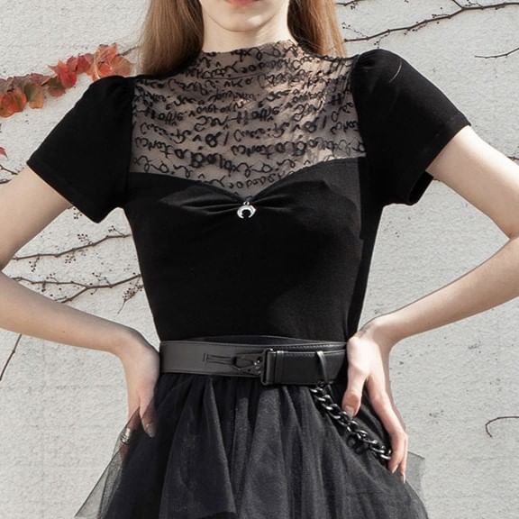 Panel Mesh Plain Mock-Neck Short-Sleeved Top
