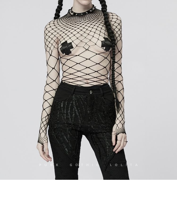 Fishnet Plain Mock-Neck Long-Sleeved Bodysuit Top