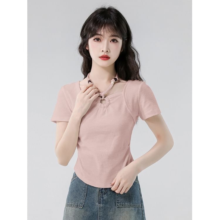 Beaded Slim Cropped Halter Tee, Short Sleeved and Plain