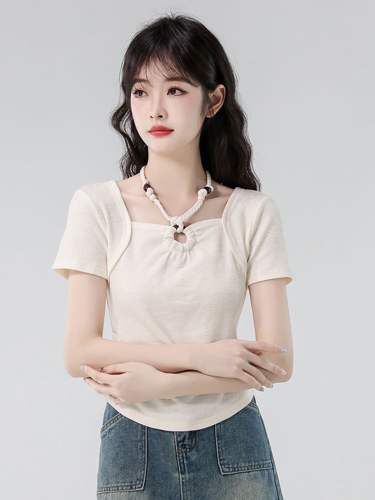 Beaded Slim Cropped Halter Tee, Short Sleeved and Plain