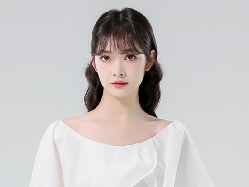 Off-Shoulder Ruched Buttoned Blouse with Ruffled Sleeves