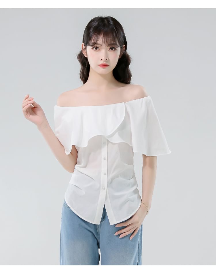 Off-Shoulder Ruched Buttoned Blouse with Ruffled Sleeves
