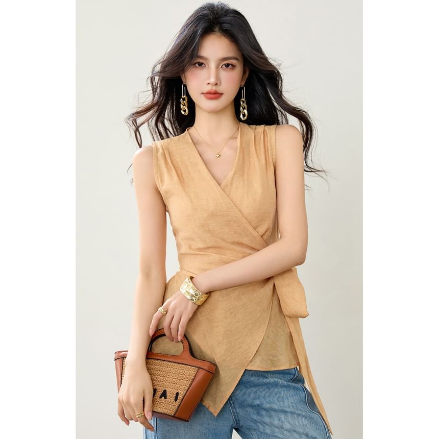 Plain Asymmetric Tie-Waist Wrap Top, Sleeveless V-Neck