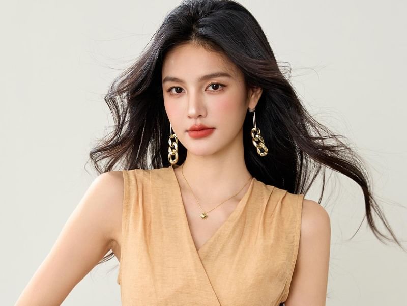 Plain Asymmetric Tie-Waist Wrap Top, Sleeveless V-Neck