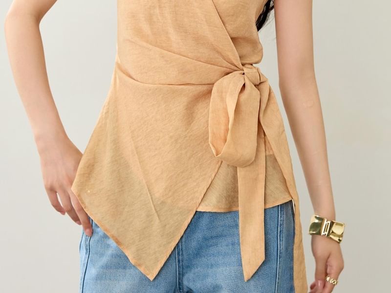 Plain Asymmetric Tie-Waist Wrap Top, Sleeveless V-Neck