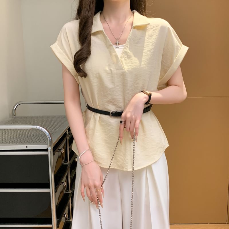 Collared V-Neck Plain Blouse with Belt and Short Sleeves