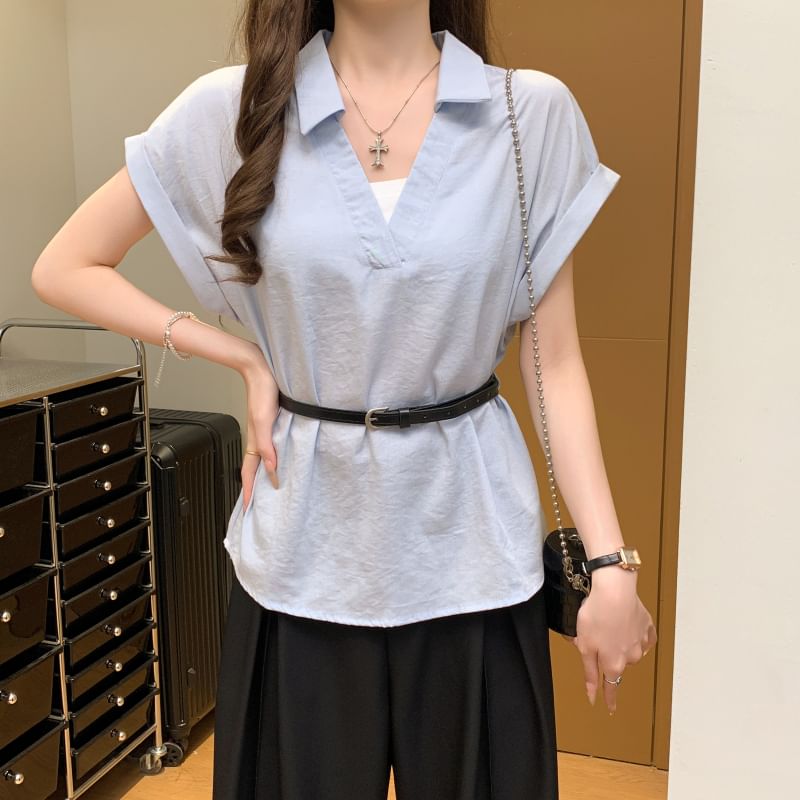 Collared V-Neck Plain Blouse with Belt and Short Sleeves
