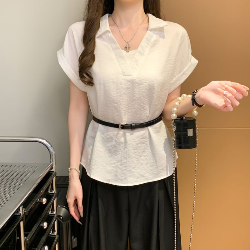 Collared V-Neck Plain Blouse with Belt and Short Sleeves