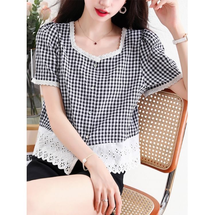 Gingham Square-Neck Lace-Trimmed Buttoned Mini Blouse