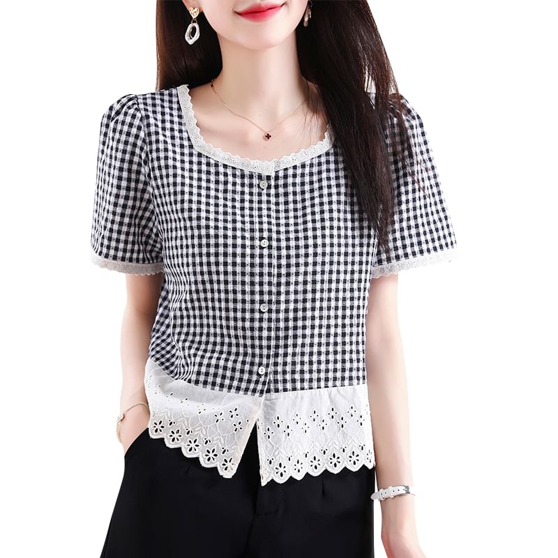 Gingham Square-Neck Lace-Trimmed Buttoned Mini Blouse