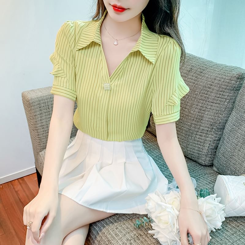 Striped Ruffle-Trimmed Collared V-Neck Blouse, Short Sleeved