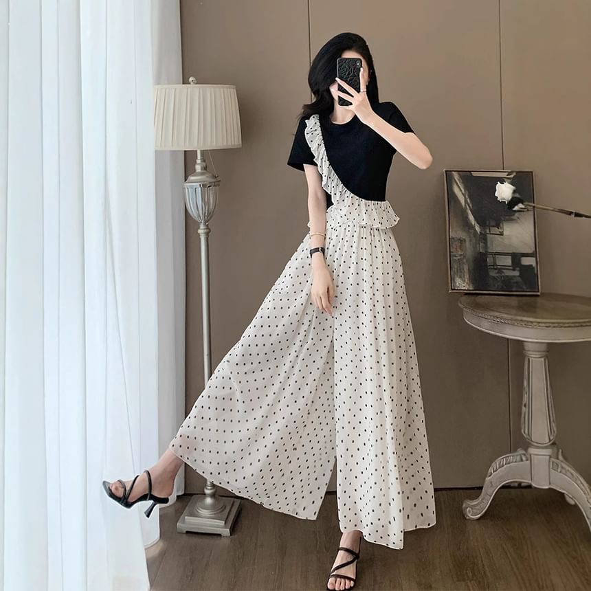 Ruffle-Trimmed Crew Neck Top with Dotted Wide-Leg Pants Set