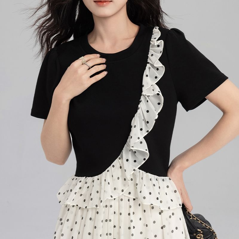 Ruffle-Trimmed Crew Neck Top with Dotted Wide-Leg Pants Set