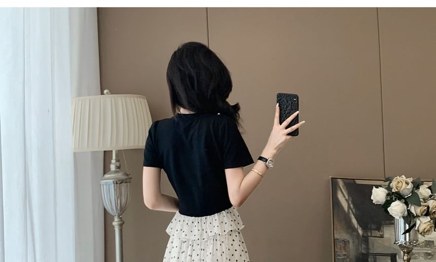 Ruffle-Trimmed Crew Neck Top with Dotted Wide-Leg Pants Set