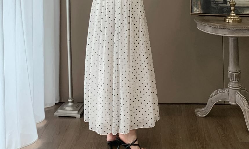 Ruffle-Trimmed Crew Neck Top with Dotted Wide-Leg Pants Set