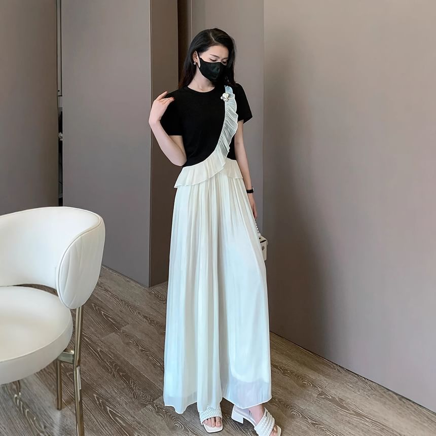 Ruffle-Trimmed Crew Neck Top with Wide-Leg Pants Set