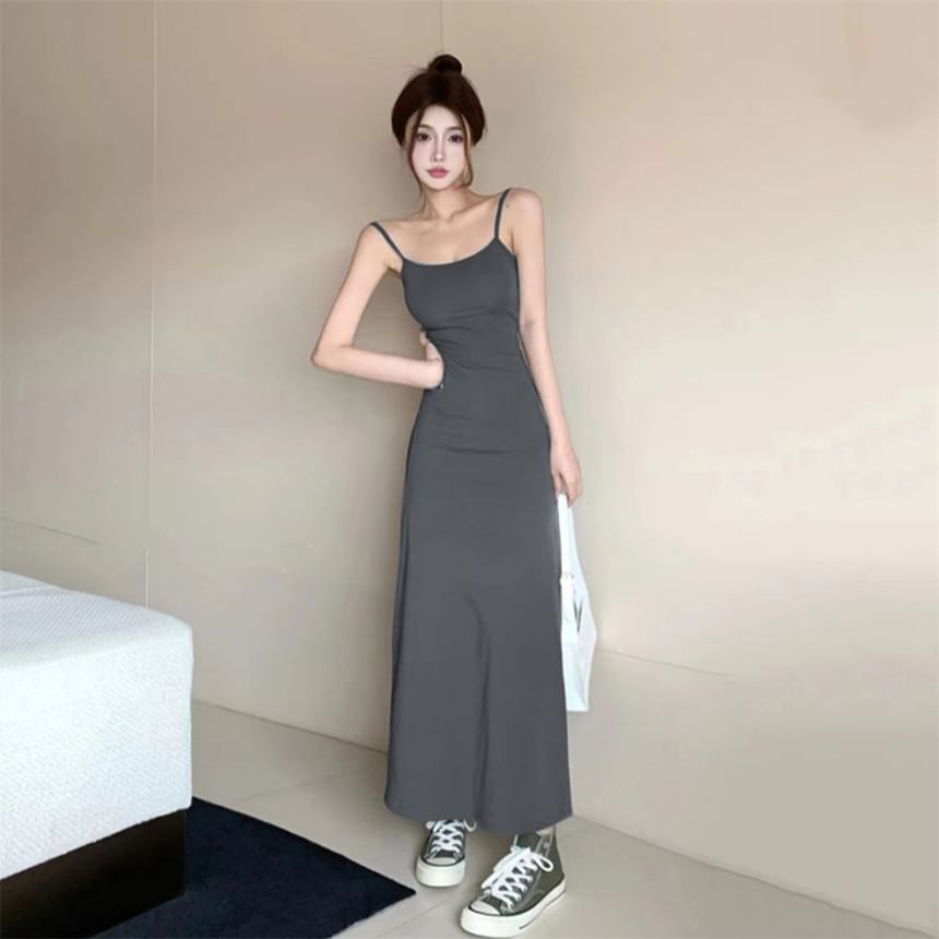 Spaghetti Strap Scoop Neck Plain Maxi A-Line Dress
