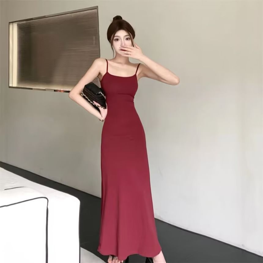 Spaghetti Strap Scoop Neck Plain Maxi A-Line Dress