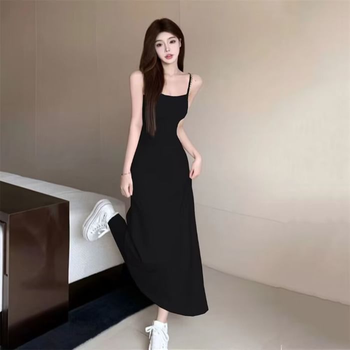 Spaghetti Strap Scoop Neck Plain Maxi A-Line Dress